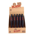 Front angled view of the RAW RAWL Pen Cone Roller 20-count display box in natural kraft brown packaging with bold red and black branding. This retail-ready counter display provides smoke shops with an attractive presentation for this clever dual-function writing pen and cone-rolling tool.