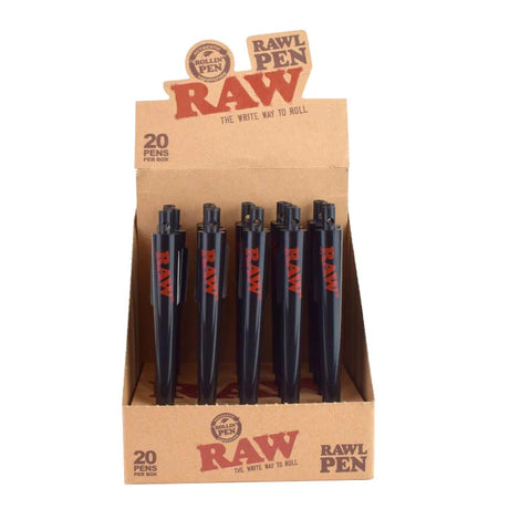 Front angled view of the RAW RAWL Pen Cone Roller 20-count display box in natural kraft brown packaging with bold red and black branding. This retail-ready counter display provides smoke shops with an attractive presentation for this clever dual-function writing pen and cone-rolling tool.