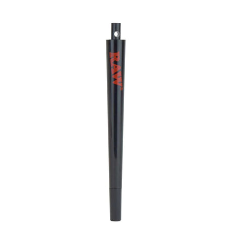 Side profile view of a loose RAW RAWL Pen Cone Roller uncapped in smooth black plastic with the classic red RAW logo stamped on the side. This tool features a precisely tapered barrel design engineered to act as a rigid structural guide for wrapping standard rolling papers into flawless cones.