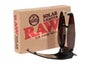 Front angled view of the silver mirrored RAW Solar Lighter. This zero-propellant parabolic mirror device concentrates ambient sunlight into a single focal point to ignite pre-rolled paper cylinders without the use of butane or flint.