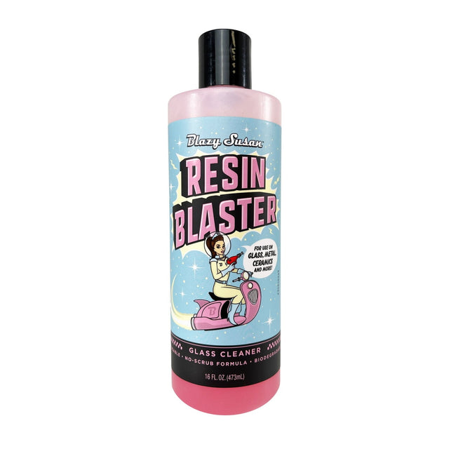 Front view of the Resin Blaster Glass Cleaner 16 oz bottle in [Insert Color, e.g., pink]. This powerful liquid cleaning solution easily dissolves heavy tar and sticky resin buildup inside borosilicate glass water pipes.