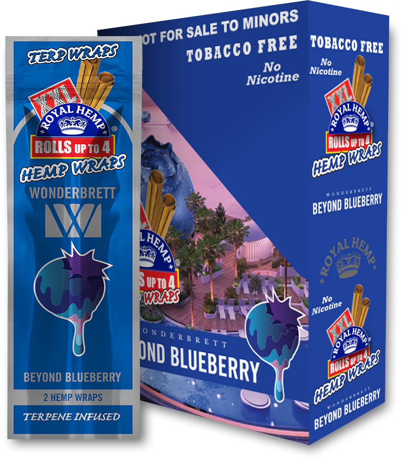 Front view of the Royal Blunts XXL Terp Wraps 2-count pouch in the blue beyond blueberry flavor. These tobacco-free, terpene-infused hemp wraps arrive with two wraps per pouch and are designed for a slow, even burn.