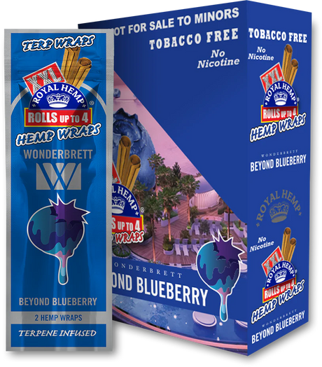 Front view of the Royal Blunts XXL Terp Wraps 2-count pouch in the blue beyond blueberry flavor. These tobacco-free, terpene-infused hemp wraps arrive with two wraps per pouch and are designed for a slow, even burn.