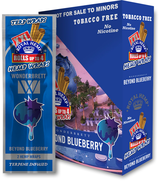 Front view of the Royal Blunts XXL Terp Wraps 2-count pouch in the blue beyond blueberry flavor. These tobacco-free, terpene-infused hemp wraps arrive with two wraps per pouch and are designed for a slow, even burn.