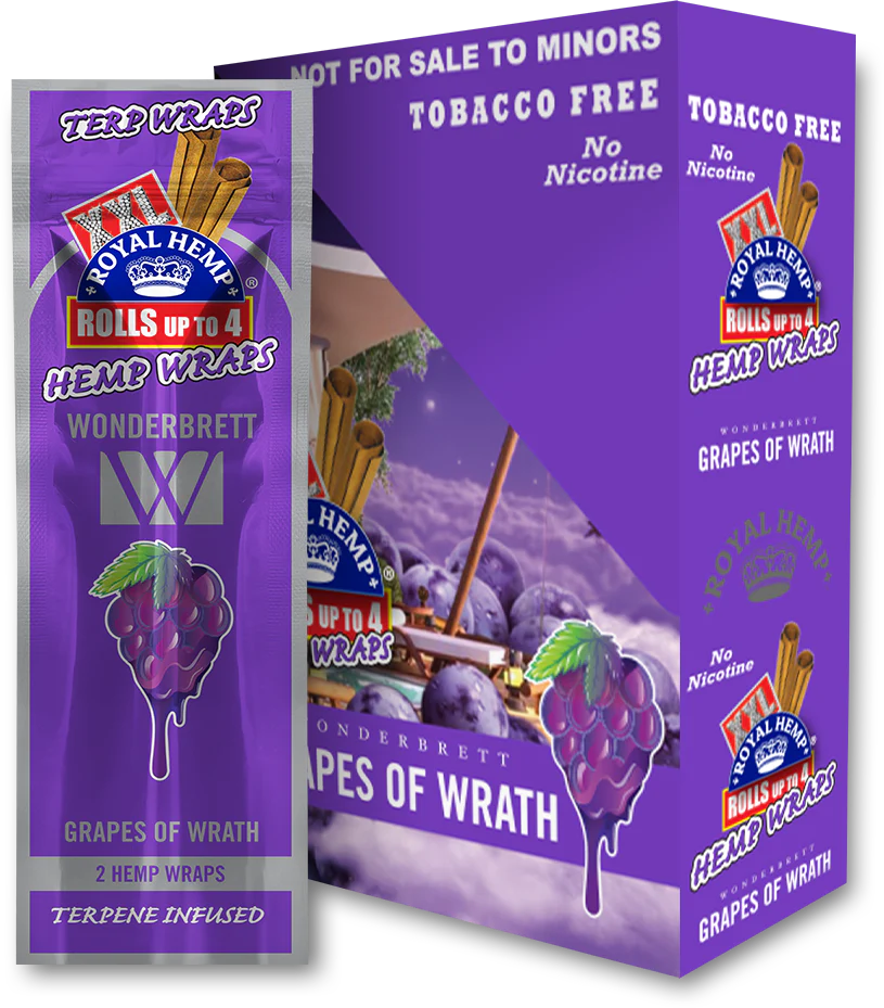 Front view of the Royal Blunts XXL Terp Wraps 2-count pouch in the purple grapes of wrath flavor. These tobacco-free, terpene-infused hemp wraps arrive with two wraps per pouch and are designed for a slow, even burn.