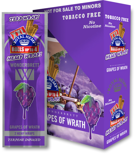 Front view of the Royal Blunts XXL Terp Wraps 2-count pouch in the purple grapes of wrath flavor. These tobacco-free, terpene-infused hemp wraps arrive with two wraps per pouch and are designed for a slow, even burn.