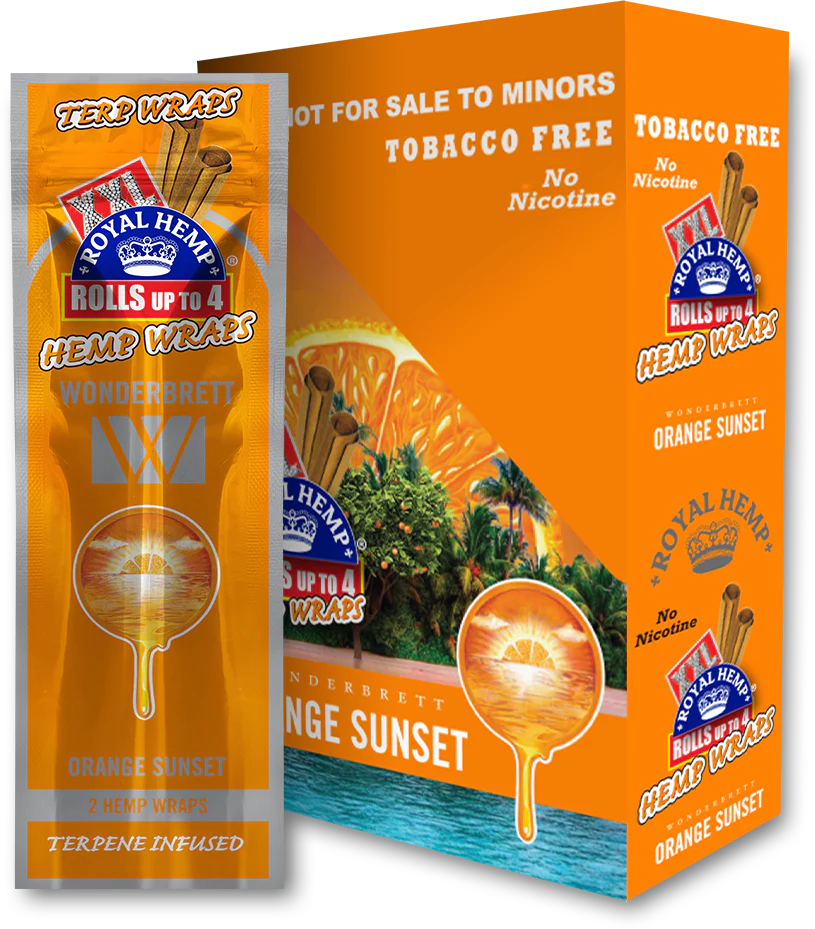 Front view of the Royal Blunts XXL Terp Wraps 2-count pouch in the orange sunset flavor. These tobacco-free, terpene-infused hemp wraps arrive with two wraps per pouch and are designed for a slow, even burn.