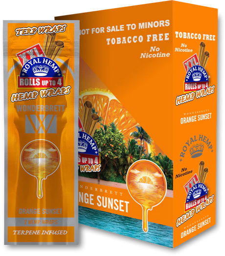 Front view of the Royal Blunts XXL Terp Wraps 2-count pouch in the orange sunset flavor. These tobacco-free, terpene-infused hemp wraps arrive with two wraps per pouch and are designed for a slow, even burn.