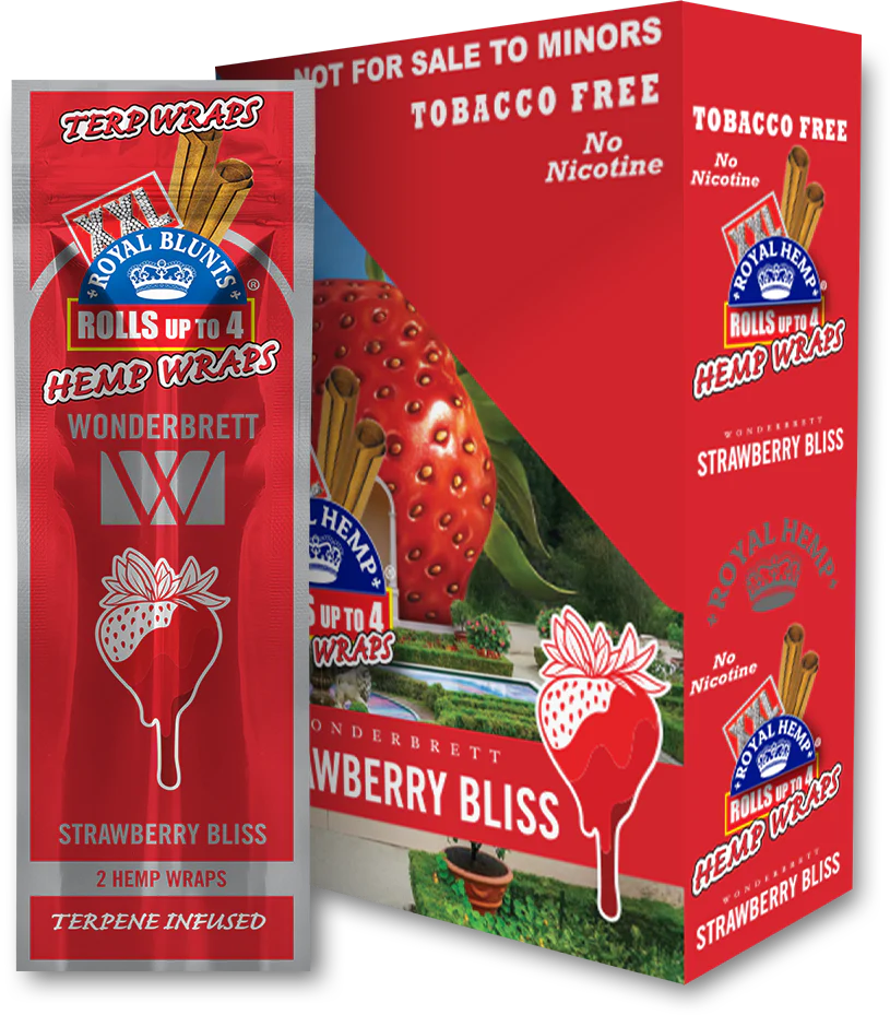 Front view of the Royal Blunts XXL Terp Wraps 2-count pouch in the red strawberry bliss flavor. These tobacco-free, terpene-infused hemp wraps arrive with two wraps per pouch and are designed for a slow, even burn.