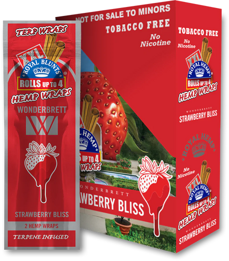 Front view of the Royal Blunts XXL Terp Wraps 2-count pouch in the red strawberry bliss flavor. These tobacco-free, terpene-infused hemp wraps arrive with two wraps per pouch and are designed for a slow, even burn.