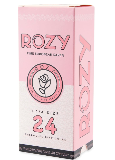 Front view of the Rozy Pink Cones 1 1/4 size 24-count wholesale retail display box in a vibrant pink. This countertop carton arrives closed to protect the pre-rolled European paper cones and pre-installed filter tips during transit.