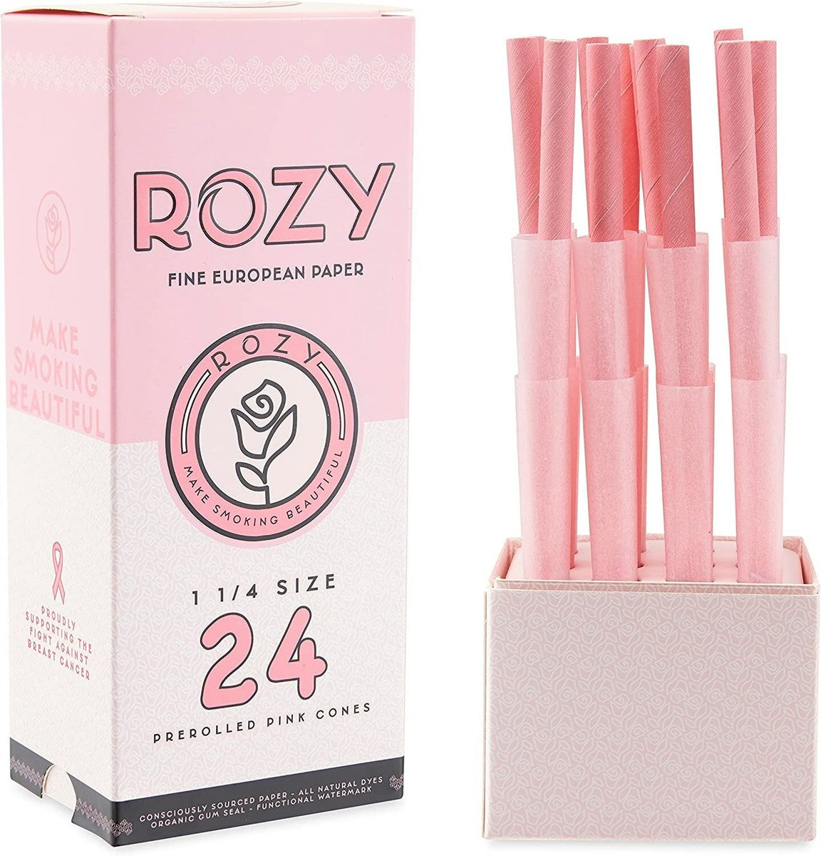 Front view of the Rozy Pink Cones 1 1/4 size 24-count wholesale retail display box opened to showcase the individual three-packs. This open countertop-ready carton is engineered to drive high-volume checkout additions of pre-rolled pink paper cones.