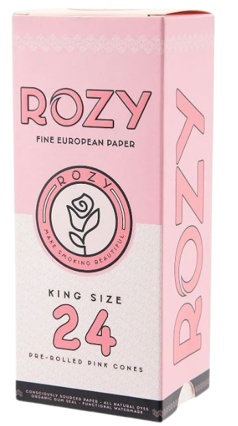 Front view of the Rozy Pink Pre-Rolled Cones King Size packaging in a soft pink. These fully formed cones are made from naturally dyed European paper that holds up to 1.25 grams of botanical material and feature a pre-installed filter tip.