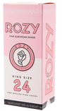 Front view of the Rozy Pink Pre-Rolled Cones King Size packaging in a soft pink. These fully formed cones are made from naturally dyed European paper that holds up to 1.25 grams of botanical material and feature a pre-installed filter tip.