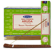 Front view of the Satya Incense 15g 12-Count Display box in the Aruda scent variant featuring blue and white branding. This combustible agarbatti stick display unit is ideal for vertical counter placement to drive impulse checkout transactions.