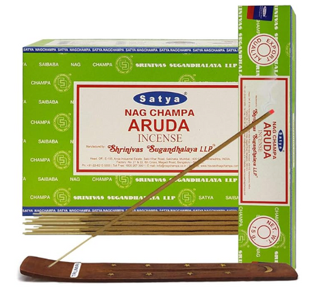 Front view of the Satya Incense 15g 12-Count Display box in the Aruda scent variant featuring blue and white branding. This combustible agarbatti stick display unit is ideal for vertical counter placement to drive impulse checkout transactions.