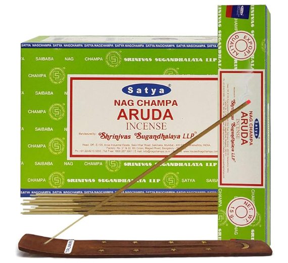 Front view of the Satya Incense 15g 12-Count Display box in the Aruda scent variant featuring blue and white branding. This combustible agarbatti stick display unit is ideal for vertical counter placement to drive impulse checkout transactions.