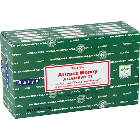 Front view of the Satya Incense 15g 12-Count Display box in the Attract Money variant featuring yellow and green accents. This combustible agarbatti stick display unit is ideal for vertical counter placement to drive impulse checkout transactions.