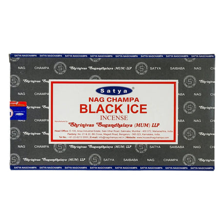Front view of the Satya Incense 15g 12-Count Display box in the Black Ice variant featuring stark black and grey detailing. This combustible agarbatti stick display unit is ideal for vertical counter placement to drive impulse checkout transactions.