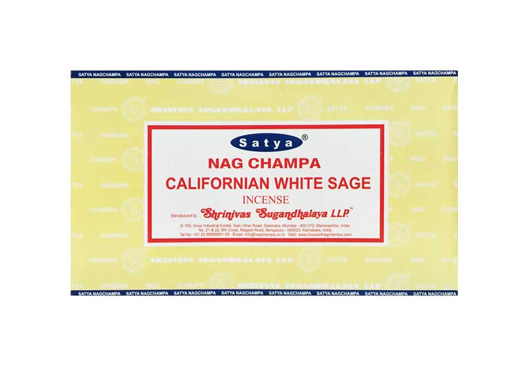 Front view of the Satya Incense 15g 12-Count Display box in the Californian White Sage variant featuring natural leaf motifs. This combustible agarbatti stick display unit is ideal for vertical counter placement to drive impulse checkout transactions.