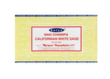Front view of the Satya Incense 15g 12-Count Display box in the Californian White Sage variant featuring natural leaf motifs. This combustible agarbatti stick display unit is ideal for vertical counter placement to drive impulse checkout transactions.