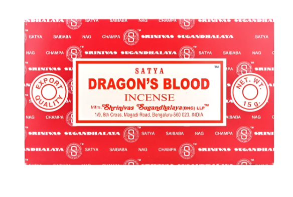 Front view of the Satya Incense 15g 12-Count Display box in the Dragon's Blood variant featuring deep red packaging accents. This combustible agarbatti stick display unit is ideal for vertical counter placement to drive impulse checkout transactions.