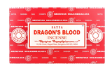 Front view of the Satya Incense 15g 12-Count Display box in the Dragon's Blood variant featuring deep red packaging accents. This combustible agarbatti stick display unit is ideal for vertical counter placement to drive impulse checkout transactions.