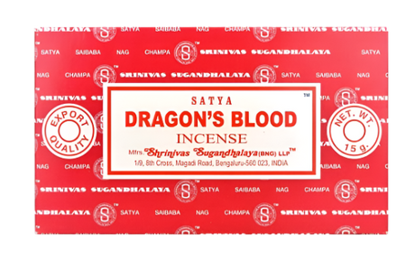 Front view of the Satya Incense 15g 12-Count Display box in the Dragon's Blood variant featuring deep red packaging accents. This combustible agarbatti stick display unit is ideal for vertical counter placement to drive impulse checkout transactions.