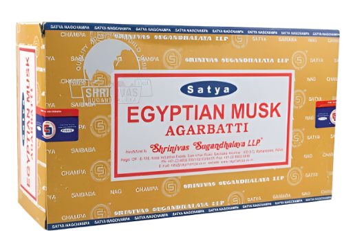 Front view of the Satya Incense 15g 12-Count Display box in the Egyptian Musk variant featuring gold and sand color accents. This combustible agarbatti stick display unit is ideal for vertical counter placement to drive impulse checkout transactions.