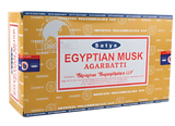 Front view of the Satya Incense 15g 12-Count Display box in the Egyptian Musk variant featuring gold and sand color accents. This combustible agarbatti stick display unit is ideal for vertical counter placement to drive impulse checkout transactions.