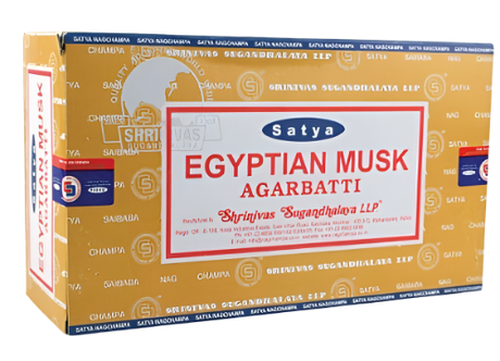Front view of the Satya Incense 15g 12-Count Display box in the Egyptian Musk variant featuring gold and sand color accents. This combustible agarbatti stick display unit is ideal for vertical counter placement to drive impulse checkout transactions.
