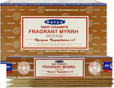 Front view of the Satya Incense 15g 12-Count Display box in an alternate graphic layout for the Fragrant Myrrh variant. This combustible agarbatti stick display unit is ideal for vertical counter placement to drive impulse checkout transactions.