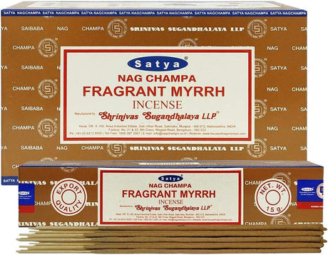 Front view of the Satya Incense 15g 12-Count Display box in an alternate graphic layout for the Fragrant Myrrh variant. This combustible agarbatti stick display unit is ideal for vertical counter placement to drive impulse checkout transactions.