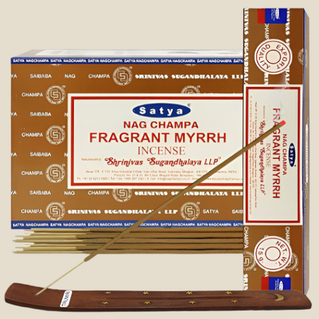 Front view of the Satya Incense 15g 12-Count Display box in the Fragrant Myrrh variant featuring deep orange highlights. This combustible agarbatti stick display unit is ideal for vertical counter placement to drive impulse checkout transactions.