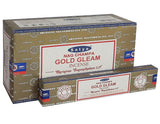 Front view of the Satya Incense 15g 12-Count Display box in the Gold Gleam variant featuring gold backgronds. This combustible agarbatti stick display unit is ideal for vertical counter placement to drive impulse checkout transactions.