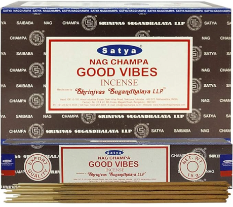 Front view of the Satya Incense 15g 12-Count Display box in the Good Vibes variant featuring colorful rainbow typography. This combustible agarbatti stick display unit is ideal for vertical counter placement to drive impulse checkout transactions.