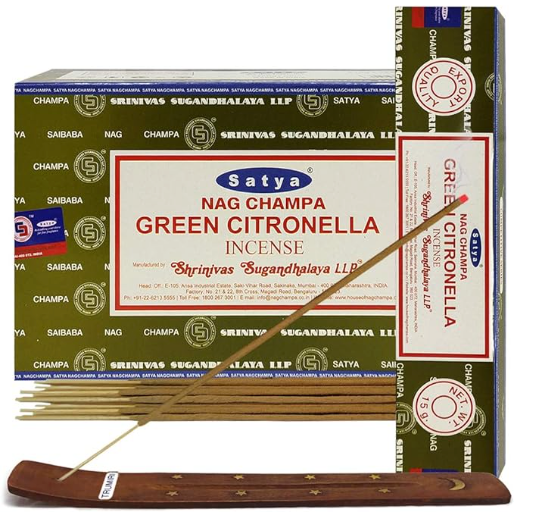 Front view of the Satya Incense 15g 12-Count Display box in the Green Citronella variant featuring lime green accents. This combustible agarbatti stick display unit is ideal for vertical counter placement to drive impulse checkout transactions.