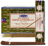 Front view of the Satya Incense 15g 12-Count Display box in the Green Citronella variant featuring lime green accents. This combustible agarbatti stick display unit is ideal for vertical counter placement to drive impulse checkout transactions.