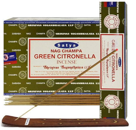 Front view of the Satya Incense 15g 12-Count Display box in the Green Citronella variant featuring lime green accents. This combustible agarbatti stick display unit is ideal for vertical counter placement to drive impulse checkout transactions.