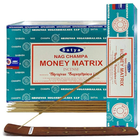 Front view of the Satya Incense 15g 12-Count Display box in the Money Matrix variant featuring metallic gold typography. This combustible agarbatti stick display unit is ideal for vertical counter placement to drive impulse checkout transactions.