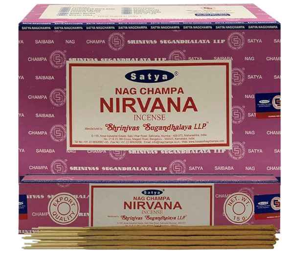 Front view of the Satya Incense 15g 12-Count Display box in the Nirvana variant featuring teal branding. This combustible agarbatti stick display unit is ideal for vertical counter placement to drive impulse checkout transactions.