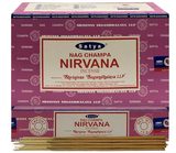 Front view of the Satya Incense 15g 12-Count Display box in the Nirvana variant featuring teal branding. This combustible agarbatti stick display unit is ideal for vertical counter placement to drive impulse checkout transactions.