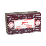 Front view of the Satya Incense 15g 12-Count Display box in the Opium variant featuring rich crimson accents. This combustible agarbatti stick display unit is ideal for vertical counter placement to drive impulse checkout transactions.