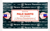 Front view of the Satya Incense 15g 12-Count Display box in the Palo Santo variant. This combustible agarbatti stick display unit is ideal for vertical counter placement to drive impulse checkout transactions.