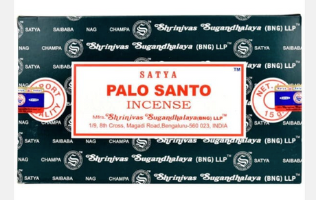Front view of the Satya Incense 15g 12-Count Display box in the Palo Santo variant. This combustible agarbatti stick display unit is ideal for vertical counter placement to drive impulse checkout transactions.