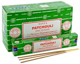Front view of the Satya Incense 15g 12-Count Display box in the Patchouli variant featuring earthy green borders. This combustible agarbatti stick display unit is ideal for vertical counter placement to drive impulse checkout transactions.