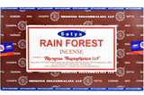 Front view of the Satya Incense 15g 12-Count Display box in the Rain Forest variant. This combustible agarbatti stick display unit is ideal for vertical counter placement to drive impulse checkout transactions.