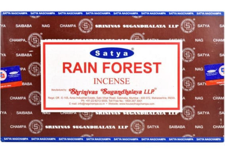Front view of the Satya Incense 15g 12-Count Display box in the Rain Forest variant. This combustible agarbatti stick display unit is ideal for vertical counter placement to drive impulse checkout transactions.