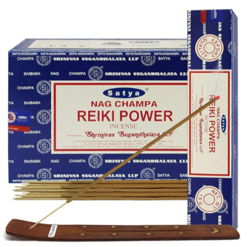 Front view of the Satya Incense 15g 12-Count Display box in the Reiki Power variant featuring blue-tinted accent colors. This combustible agarbatti stick display unit is ideal for vertical counter placement to drive impulse checkout transactions.