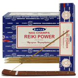Front view of the Satya Incense 15g 12-Count Display box in the Reiki Power variant featuring blue-tinted accent colors. This combustible agarbatti stick display unit is ideal for vertical counter placement to drive impulse checkout transactions.